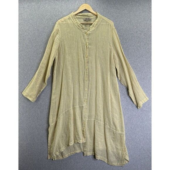 FLAX Medium Linen Long Shirt Dress Button Front Green Yellow Kaftan Oversized - Picture 1 of 13